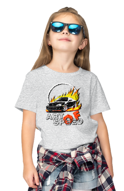 Children's t-shirt with prints Car on fire. Auto, car on fire, drift, race, speed, sport, sports car. 2070702