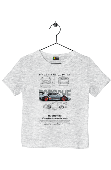 Футболка детская с принтом Porsche 911 GT3 RS. Porsche, porsche 911, авто, автомобиль, машина, порше, спорт, спортивный автомобиль. 2070702