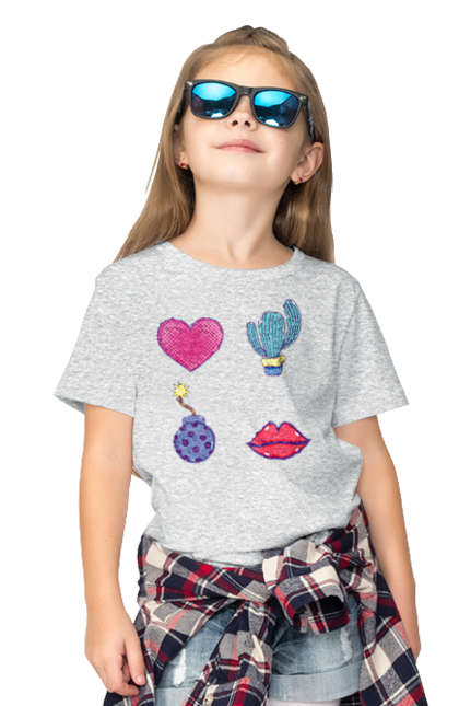 Children's t-shirt with prints Heart, Cactus, Bomb, Lips. Bomb, cactus, lips. 2070702