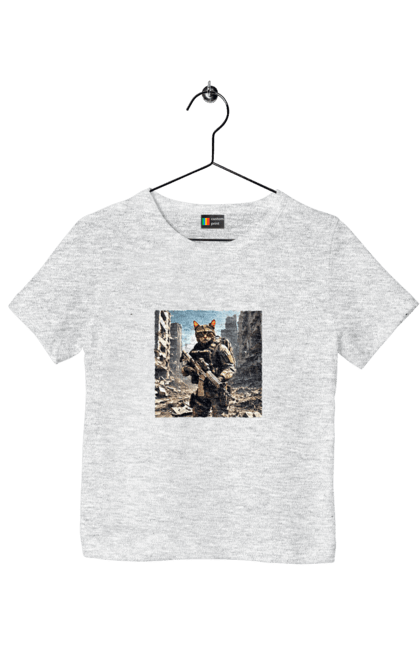 Футболка дитяча з принтом "Кіт десантник". Бронежилет, війна, військовий, гвинтівка, захисник, камуфляж, кіт, рушниця. 2070702