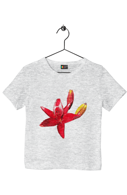 Children's t-shirt with prints Red lily. Bright, bud, buds, color, flower, lily, nature, red, red flower, red lily, sunny. 2070702