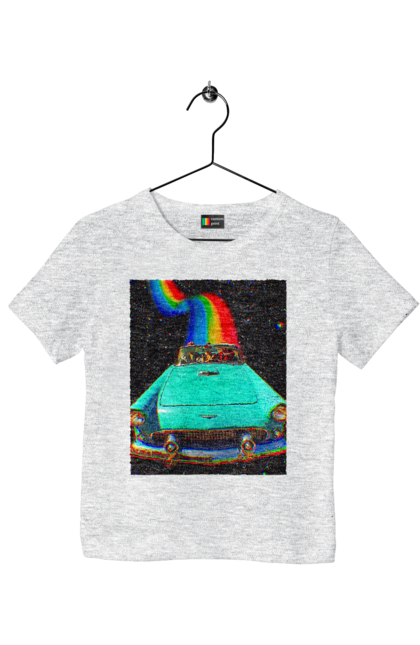 Футболка дитяча з принтом "Картина, машина у космосі". Веселка, картина, космос, машина, подорожі, поїздка, прикол, ретро. 2070702