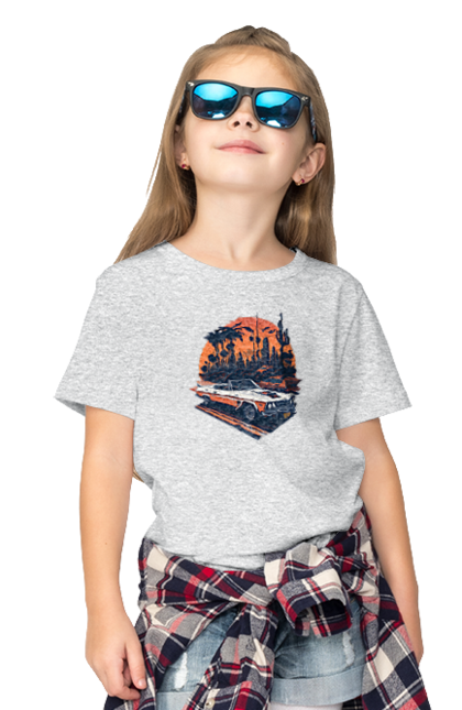 Children's t-shirt with prints Beautiful car at sunset. Auto, sun, sunset. 2070702