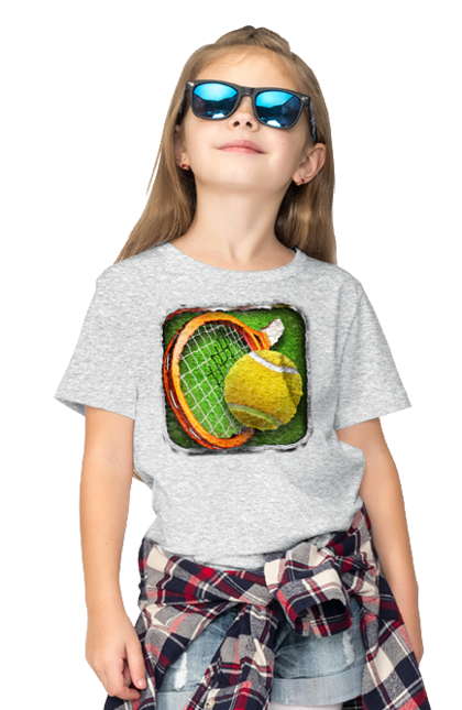 Children's t-shirt with prints Tennis. Ball, ground tournament, london, players, prize fund, racket, sponsor, tennis, tournament grid. 2070702