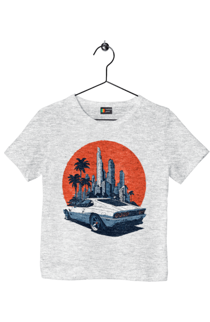 Children's t-shirt with prints Car. Race, speed, sport car, sunset. 2070702