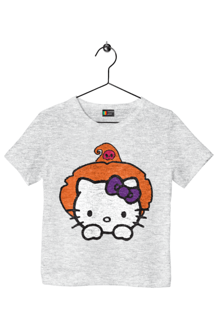 Футболка детская с принтом Хелло Китти Хэллоуин. Halloween, hello kitty, witch, бренд, ведьма, кот, котенок, персонаж, хелло китти, хэллоуин. 2070702