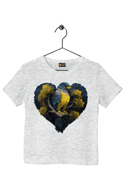 Children's t-shirt with prints Blue and yellow falcon. Falcon, flag of ukraine, heart, symbol of ukraine, tree, ukraine. 2070702