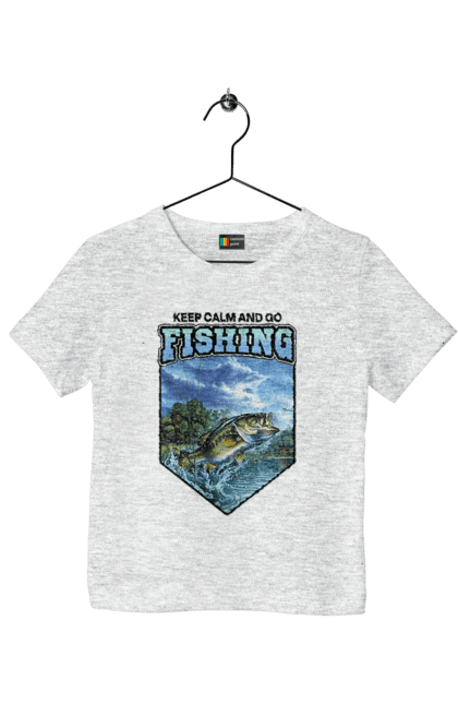 Футболка дитяча з принтом "Keep Calm and Go Fishing". Відпочинок на природі, для рибалок, для чоловіків, мисливці та риболови, природа, рибалка, риболовля, спінінг, хоббі. 2070702