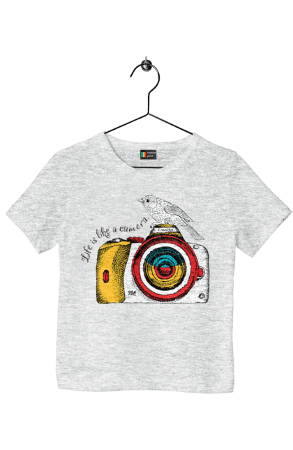Футболка детская с принтом Фотоаппарат И Птичка. Камера, птичка, фотоаппарат, фотограф. 2070702