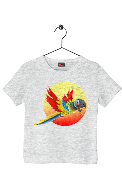 Футболка дитяча з принтом "Папуга На Тлі Сонця". Ара, веселий, відпочинок, відпустка, диск, жарко, жовтий, коло, кольоровий, крила, літає, літо, папуга, папужка, пір`я, політ, помаранчевий, птах, різнокольоровий, сонце, сонячно, спека, тепло, тропіки, у польоті, червоний. 2070702