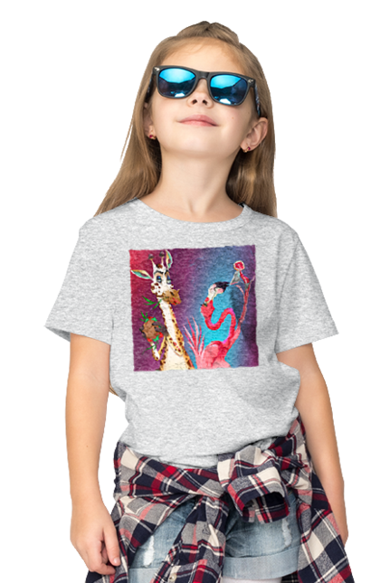 Children's t-shirt with prints Giraffe And Flamingo At The Party. Cocktail, flamingo, food, giraffe. 2070702