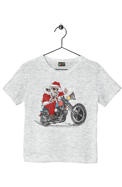 Футболка дитяча з принтом "Санта в окулярах на мотоциклі". Байкер, дід мороз, зима, мотоцикл, новий рік, різдво, санта, санта клаус, сніг, щасливого різдва. 2070702