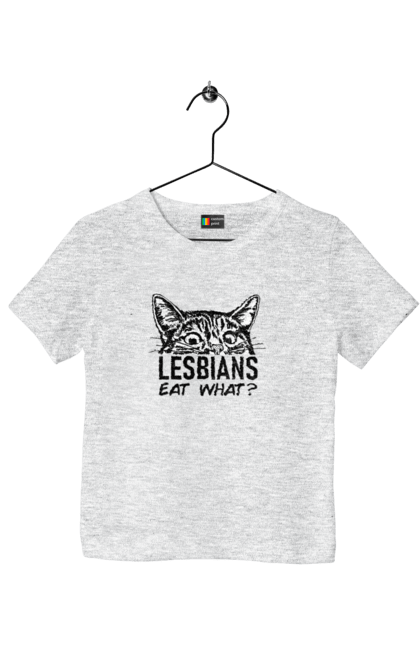 Футболка дитяча з принтом "Lesbians eat what?". Гумор, котики, лгбт, лесбіянки, приколи, смішні написи. PrintMarket - інтернет-магазин одягу та аксесуарів з принтами плюс конструктор принтів - створи свій унікальний дизайн
