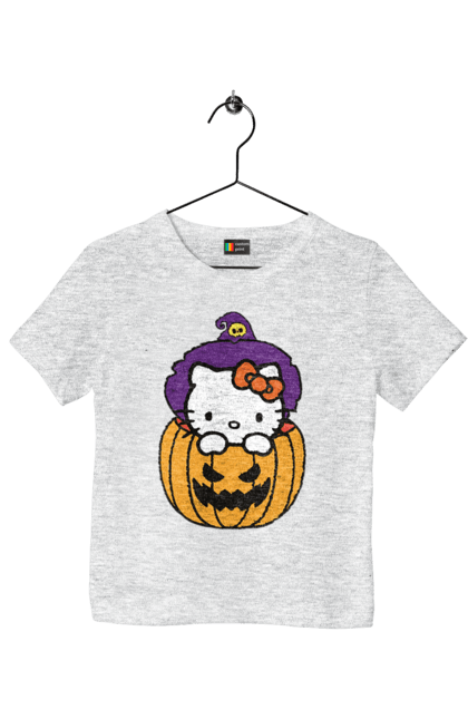 Футболка детская с принтом Хелло Китти Хэллоуин. Halloween, hello kitty, witch, бренд, ведьма, кот, котенок, персонаж, хелло китти, хэллоуин. 2070702