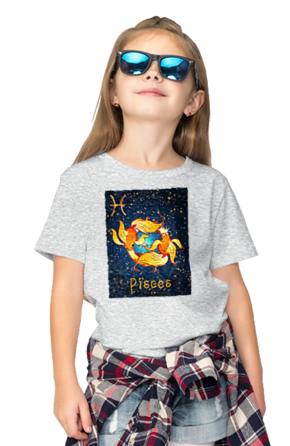 Футболка дитяча з принтом "Знак зодіака риби". Астрологія, астрономія, доля, знак зодіаку, знаки зодіаку, зодіак, космос, передбачення, риби, символ, цикл. ART принт на футболках