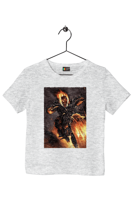 Футболка дитяча з принтом "Пекельний Гонщик". Вогонь, мотоцикл, пекельний гонщик, скелет, чоппер. 2070702