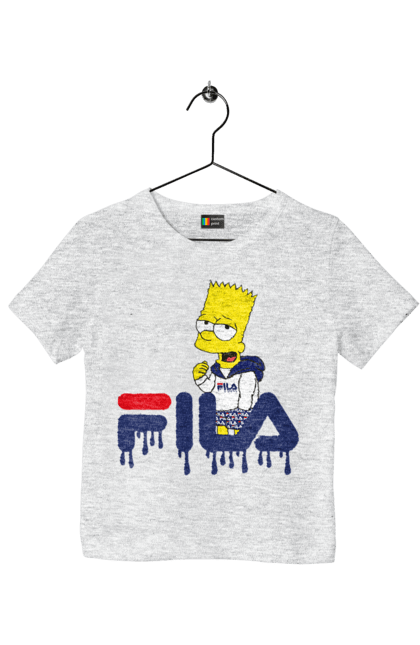 Футболка детская с принтом Барт FILA. Bart, simpsons, барт, мультфильм, симпсоны, спорт, спортивная одежда. 2070702