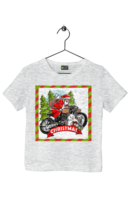 Футболка дитяча з принтом "Санта на мотоциклі". Мотоцикл, новий рік, подарунки, різдво, санта, сніговик, ялинка. 2070702