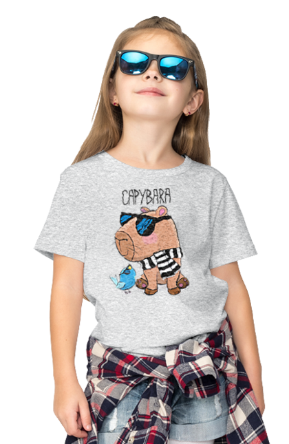 Children's t-shirt with prints Stylish Capybara. Animal, bird, capybara, fashionable capybara, glasses, mood, striped scarf, stylish capybara, sunglasses. 2070702