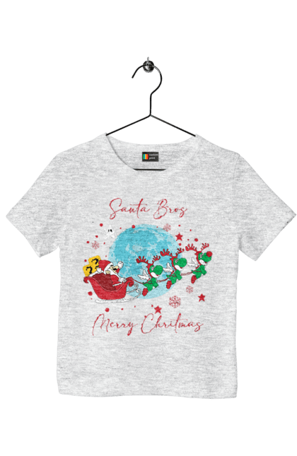 Футболка детская с принтом Super Mario Bros: Счастливого Рождества!. Mario bros, merry christmas, nintendo, super mario bros, братья супер марио, игра, марио, персонаж, рождество, санта клаус. 2070702