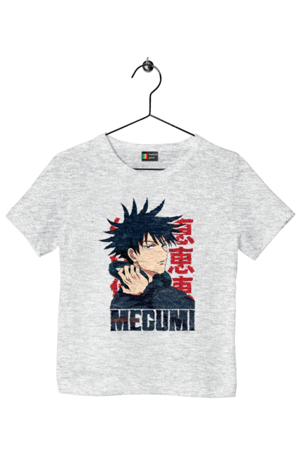 Children's t-shirt with prints Jujutsu Kaisen Megumi. Anime, dark fantasy, fushiguro, fushiguro megumi, jujutsu kaisen, magic battle, manga, megumi, mystic. 2070702