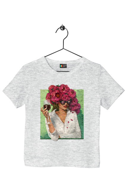 Футболка дитяча з принтом "Дівчина з півоніями та келихом". Вино, дівчина, квітка, келих, літо, окуляри, півонії, сорочка. 2070702