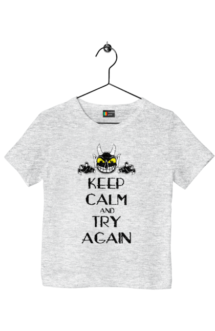 Children's t-shirt with prints Keep calm and try again. Calmness, demon, heck, keep calm, satan, stay calm, try again. 2070702