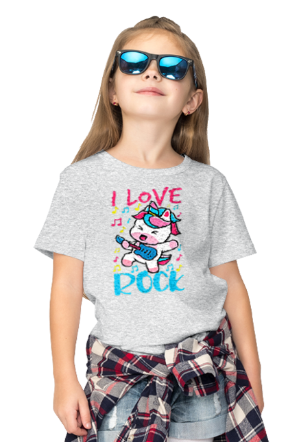 Children's t-shirt with prints Unicorn. Animals, fairy creatures, guitar, horn, mane, music, purple, rock, unicorn, violet. 2070702