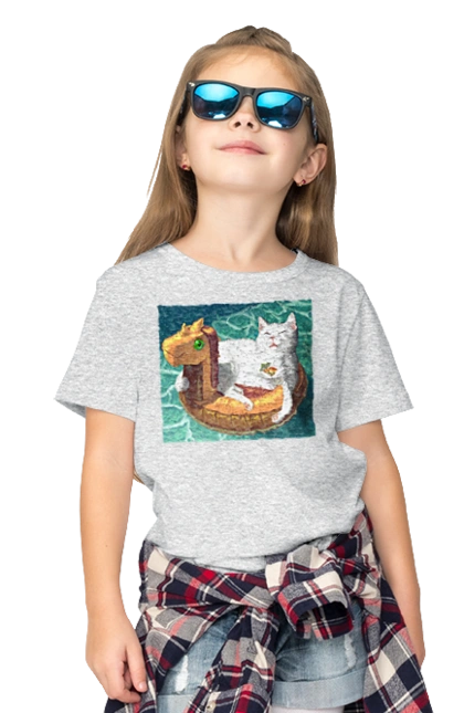 White cat in a swimming circle on vacation