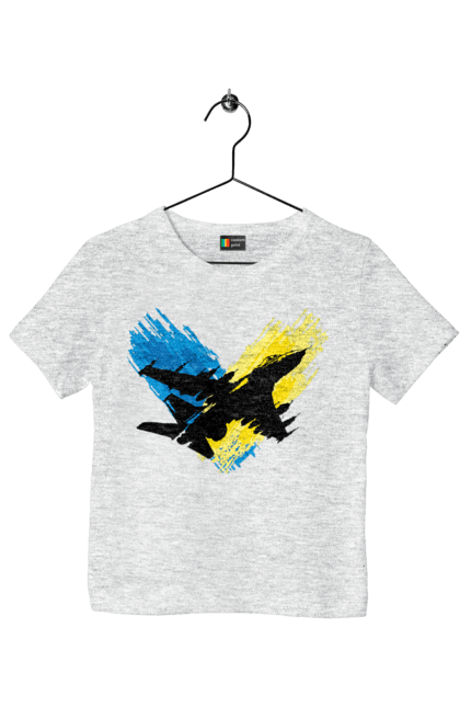 Футболка дитяча з принтом "Літак F 16". З прапором, зсу, літак, літак f16, патріотична, прапор, ф16. 2070702