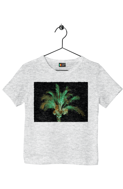 Футболка дитяча з принтом "Фінікова Пальма Вночі". Берег, відпочинок, відпустка, зелений, море, ніч, оазис, океан, острів, пальма, південь, подорож, пригоди, тропіки, фінікова, чорне. 2070702
