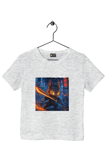 Футболка детская с принтом Лабубу. Action, animestyle, cyberninja, cyberpunk, eyes that shine, katana, labubu, neon city, sword. 2070702