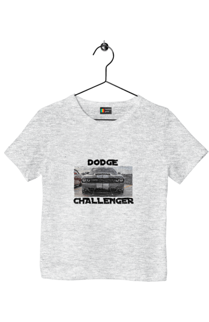 Children's t-shirt with prints Dodge challenger. An american legend, car, cult car, dodge challenger, oil car, powerful car. 2070702