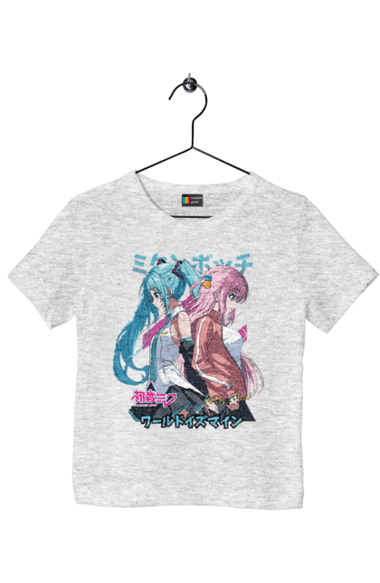 Children's t-shirt with prints Hatsune Miku and Hitori Gotou. Anime, bocchi the rock, hatsune miku, hitori goto, hitori gotou, lonely rocker, miku, rocker, vocaloid. 2070702