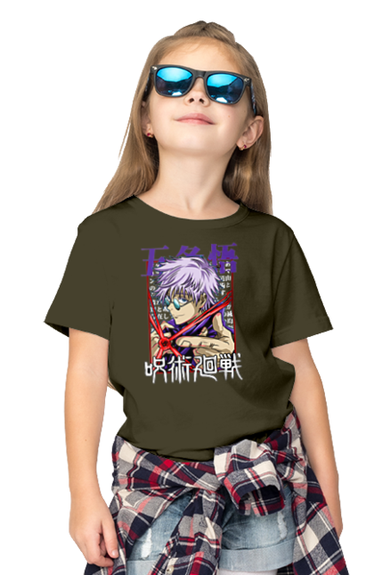 Children's t-shirt with prints Jujutsu Kaisen Gojo. Anime, dark fantasy, gojo, jujutsu kaisen, magic battle, manga, mystic. 2070702