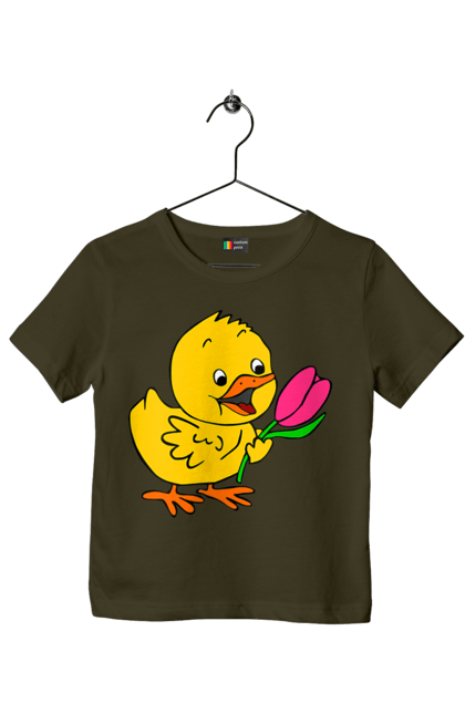 Children's t-shirt with prints Chicken With A Tulip. Chick, tulip. 2070702