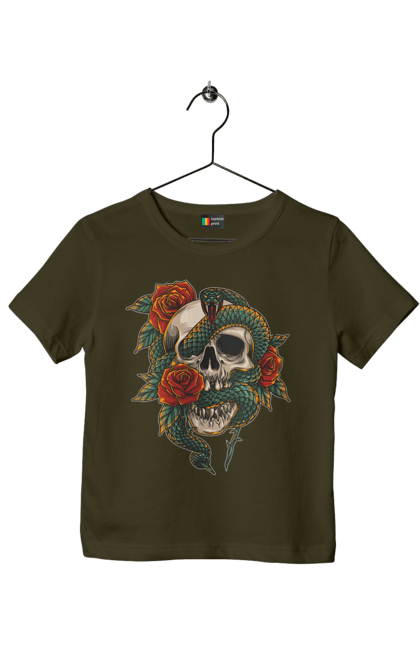 Children's t-shirt with prints Skull with a snake. Bones, flowers, roses, scales, scull, snake, spikes, teeth. 2070702