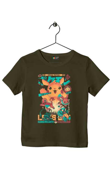 Children's t-shirt with prints Pokemon. Adventure master, adventures in youth, anime, boy eh, combat dimension, diamond and pearls, fate of rivals, galactic battles, games, pokemon, pokemon bulbasaurus, pokemon charmander, pokemon series, pokemon squirt, white and black, x and y, xy z. 2070702