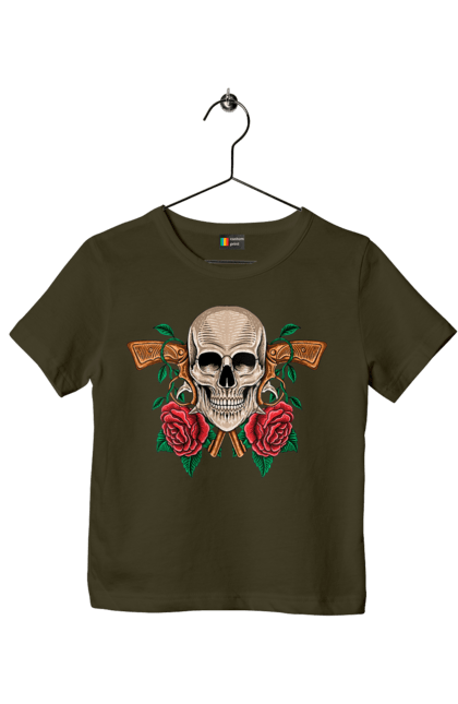 Children's t-shirt with prints Skull with roses. Bones, eyes, flowers, gun, leaves, rose flower, scull, spikes, teeth. 2070702