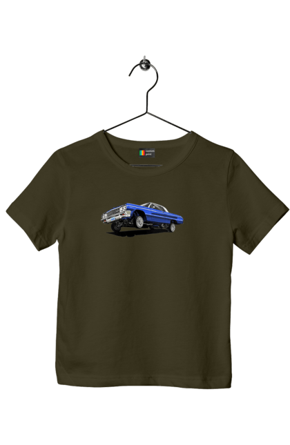 Футболка дитяча з принтом "Автомобіль". Автомобіль, імпала, класика, лоурайдер, синій, шевроле. 2070702