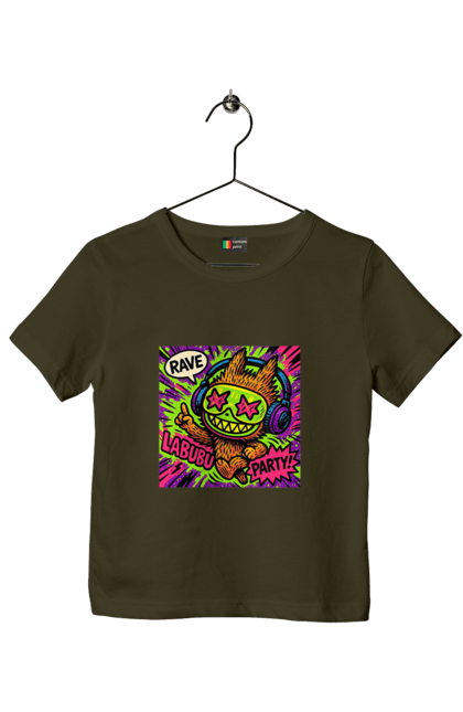 Футболка дитяча з принтом "Лабубу". Вечірка, вуличне мистецтво, графіті, зоряніочі, коміксстиль, лабубу, навушники, неон, попарт, рейв. 2070702