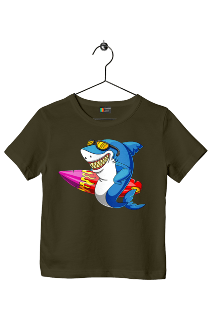 Children's t-shirt with prints Shark With Glasses Surfing. Glasses, shark, summer, surfing. 2070702