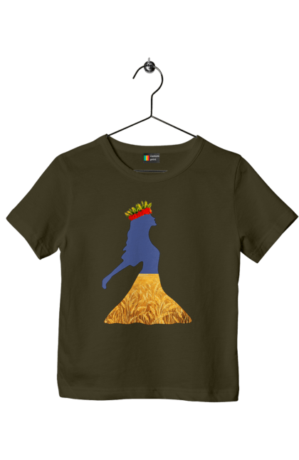 Футболка дитяча з принтом "Україна". Вінок, дівчина, дівчинка, жовтий синій, жовто-блакитне, маки, національні кольори, небо, пшеничне поле. 2070702