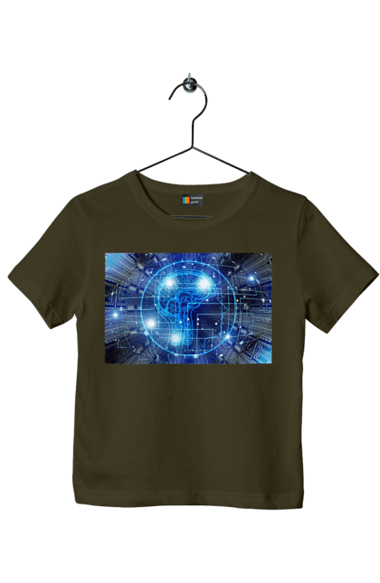Футболка дитяча з принтом "Штучний інтелект". Айті, айтішник, гік, знання, інженер, інтелект, кібер, кібернетика, кіборг, код, комп, комп`ютерник, кристал, машинне навчання, мікросхема, мозок, портрет, програміст, професіонал, професія, розробник, розум, хакер, чіп, штучний інтелект, штучний розум. 2070702