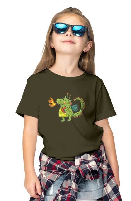 Children's t-shirt with prints Dragon in love. Dragon, fire, green dragon, heart, hearts, love, new year, symbol 2024. 2070702