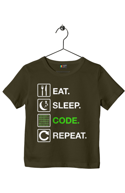 Футболка детская с принтом Ешь Cпи Кодь Повторяй. Айти, айтишник, для айтишника, для программиста, ешь cпи, кодь повторяй, подарок айтишнику, подарок программисту, программист, разработчик. 2070702