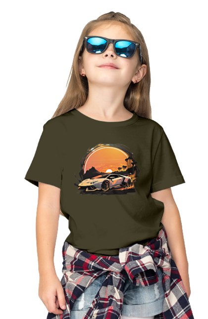Футболка дитяча з принтом "Ламборджині на заході сонця". Авто, автомобіль, ламборджині, машина, машини. 2070702