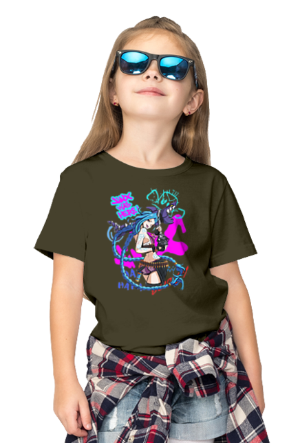 Children's t-shirt with prints Arcane. Animated series, arcane, fantasy, fortiche, jinx, league of legends, riot games, violet. 2070702