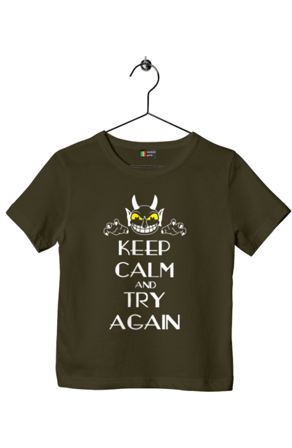 Children's t-shirt with prints Keep calm and try again. Calmness, demon, heck, keep calm, satan, stay calm, try again. 2070702