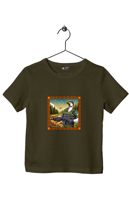 Футболка дитяча з принтом "Гусячий десант". Біологічна зброя, бойові гуси, військовий гусак, гусячий десант, зброєні сили, прапор, символіка, україна. 2070702